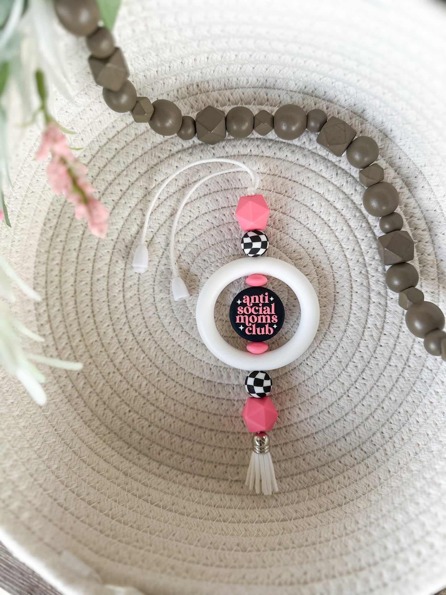 James and Jane Co Anti-Social Mom's Club (Hot Pink) Car Charm Cute Hand Made Car Charm  Rearview Mirror Ornament