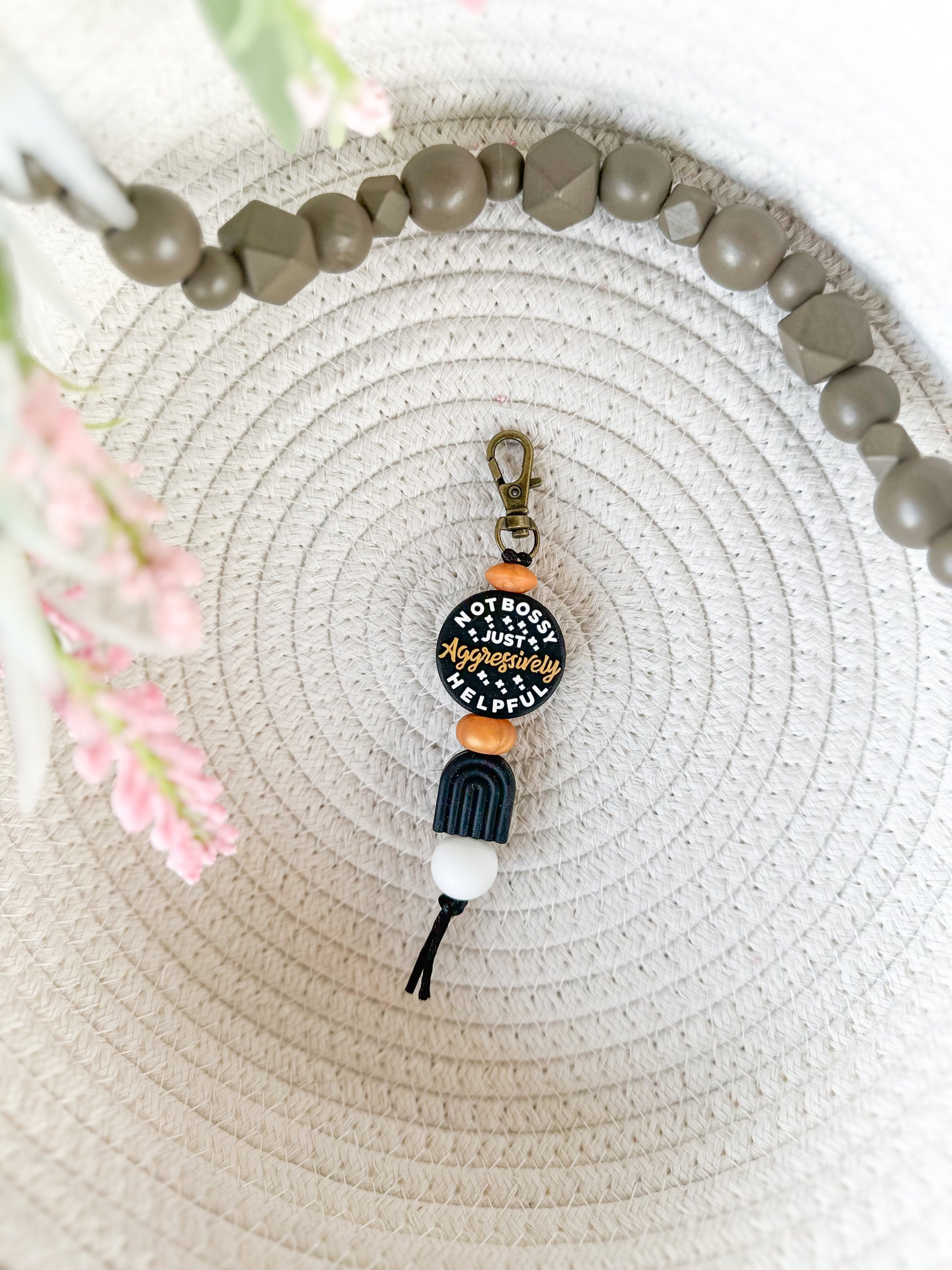 James and Jane Co Not Bossy Just Aggressively Helpful (Black) Keychain Cute Hand Made Keychain