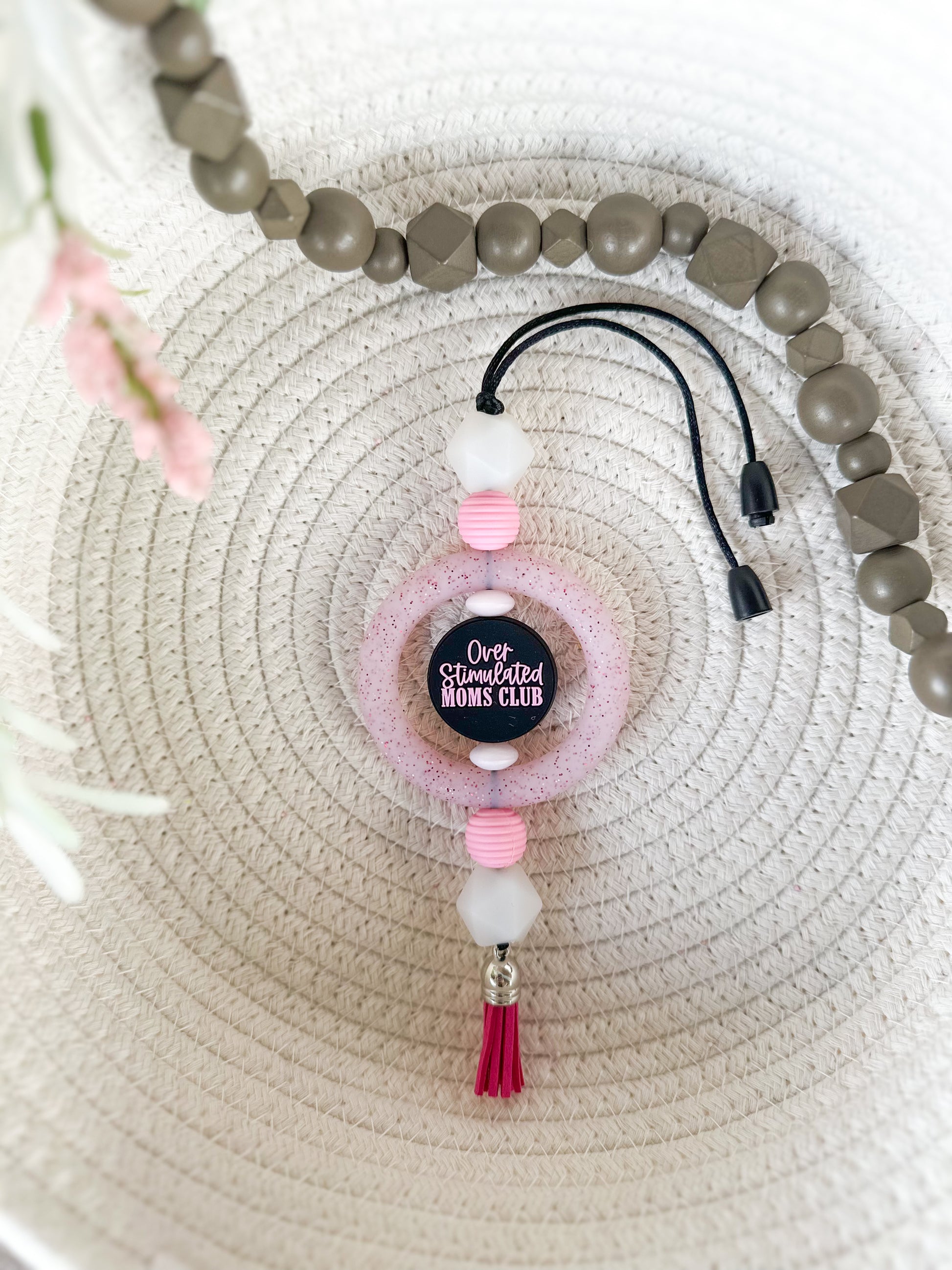 James and Jane Co Overstimulated Mom’s Club (Sparkle Pink) Car Charm Cute Hand Made Car Charm  Rearview Mirror Ornament